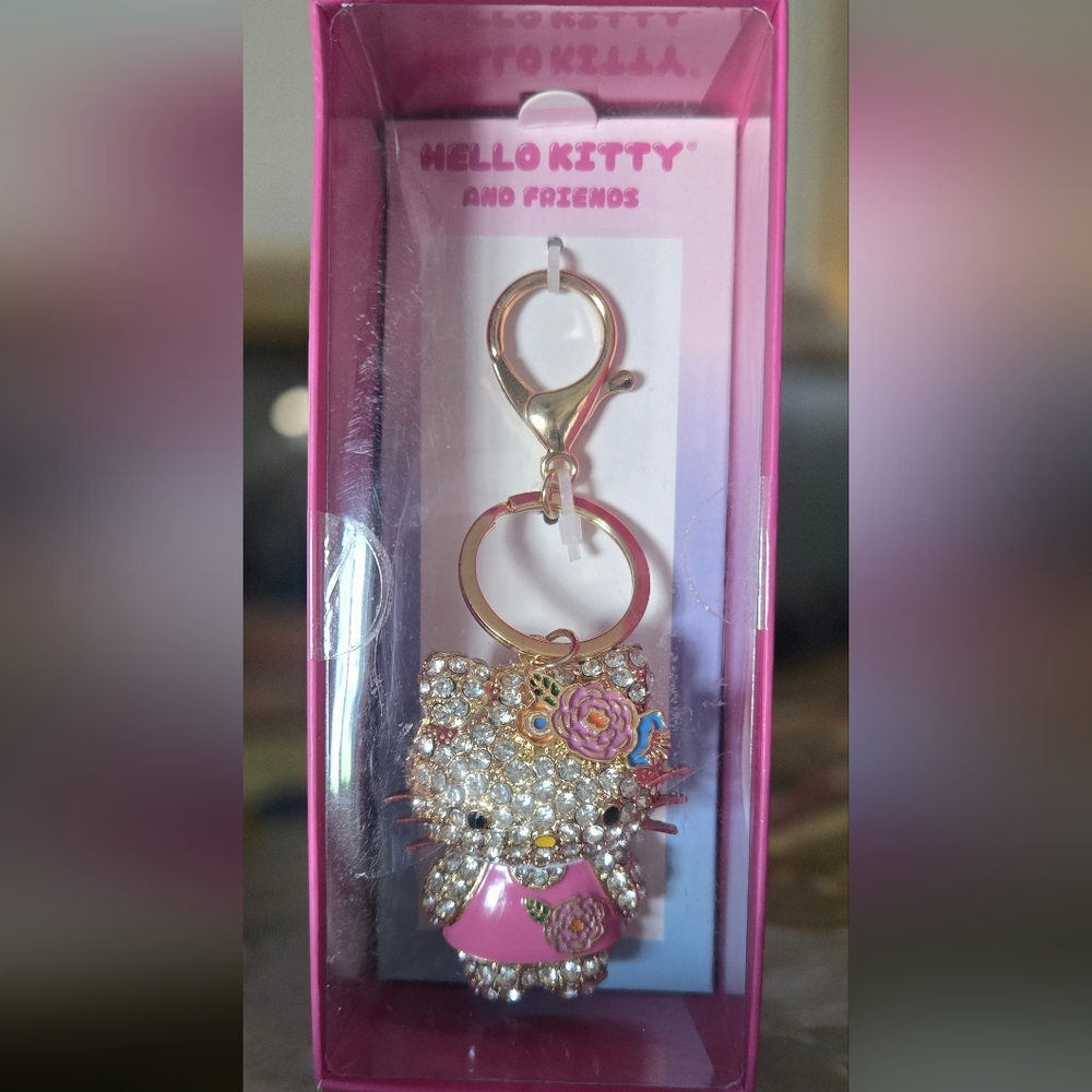 Hello Kitty Pave Rhinestone Bag Charm Keyring, New In Box